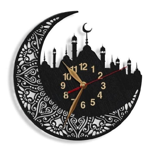 Islamic Wooden Wall Clock – Crescent Moon & Mosque Design with Premium LED Light